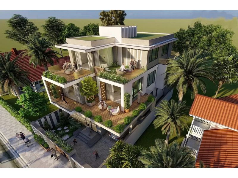 Công trình có biệt thự và sân vườn cân đối