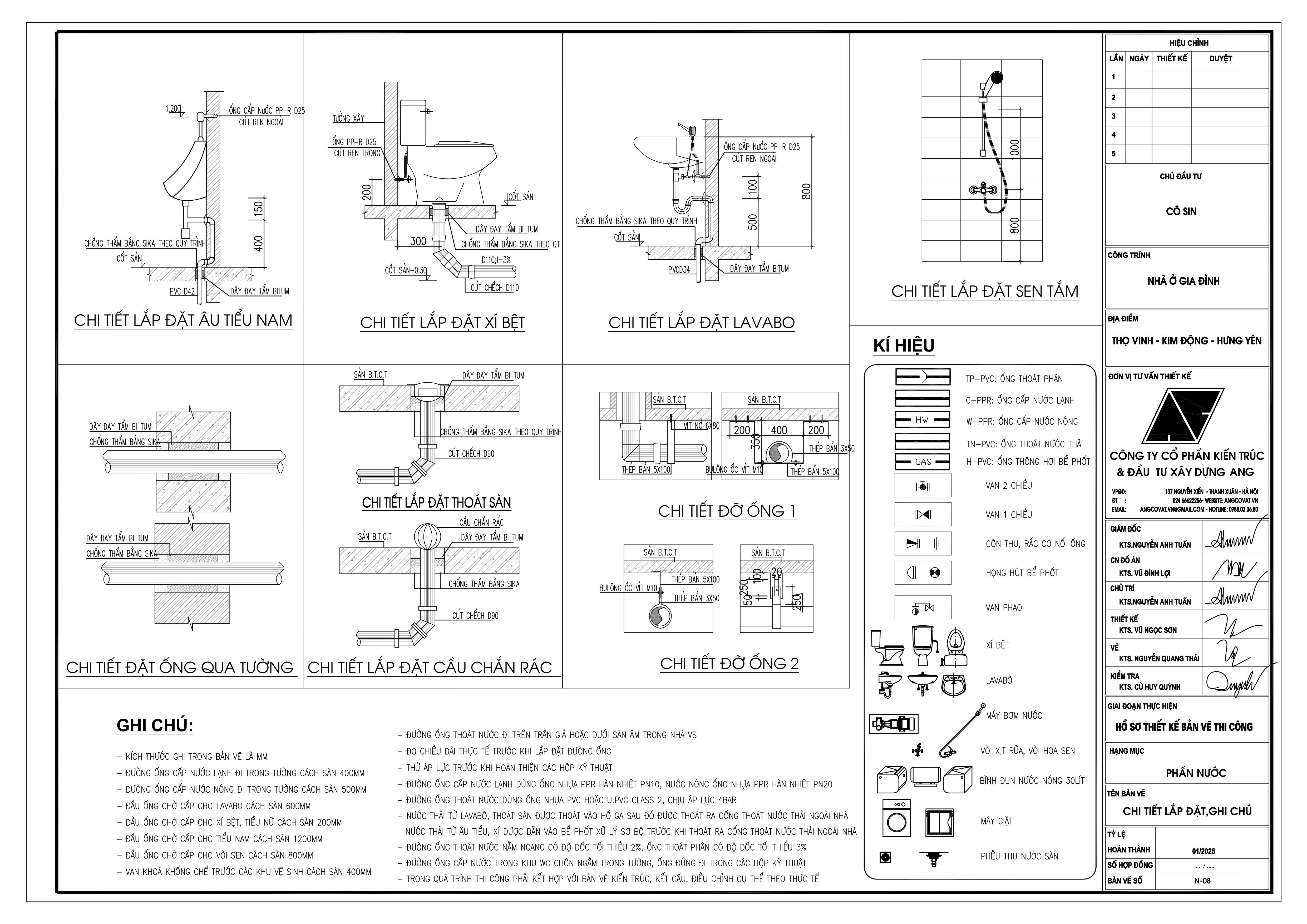 Chi tiết lắp đặt ghi chú bản vẽ phần nước nhà cấp 4