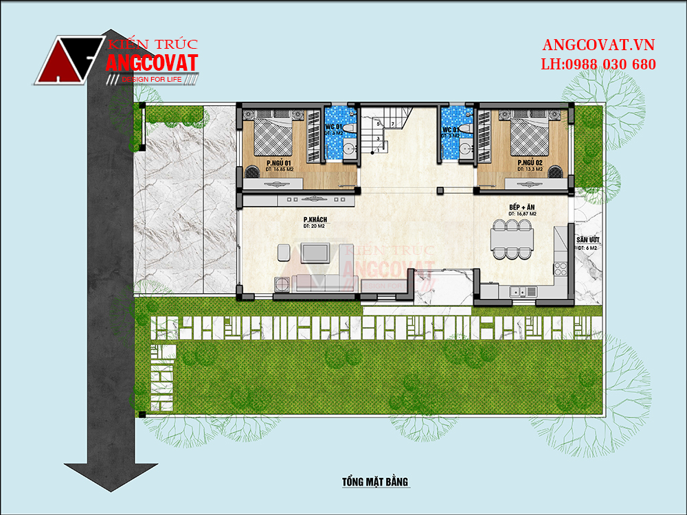 bản vẽ Nhà cấp 4 có gác lửng 4 phòng ngủ 1 phòng thờ nông thôn