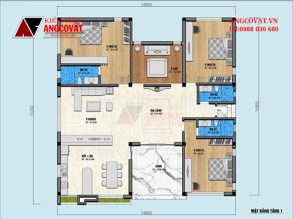 bản vẽ mặt bằng nhà cấp 4 mái chữ a 3 phòng ngủ 1 phòng thờ 200m2