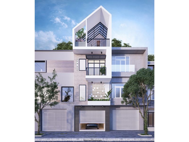 Mẫu nhà 40m2 4 tầng mái lệch độc đáo với sắc trắng chủ đạo tôn lên vẻ ngoài sang trọng, thanh lịch