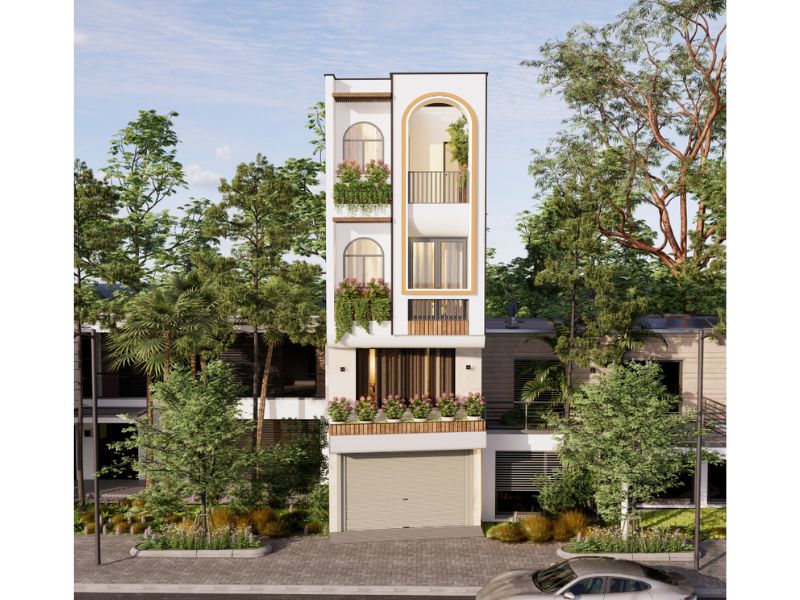 Mặt tiền độc đáo, ấn tượng của mẫu nhà 40m2 4 tầng 