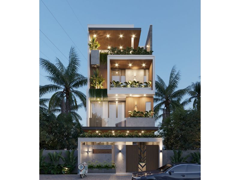 Mẫu nhà 40m2 4 tầng kết hợp hài hòa giữa thiết kế kiến trúc và cảnh quan thiên nhiên. 