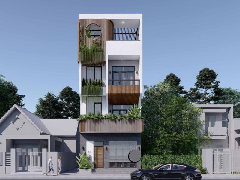 Xây nhà 40m2 4 tầng phong cách hiện đại. mặt tiền sử dụng hình khối linh hoạt, hệ lam chắn gỗ đẹp mắt và cửa kính giúp tối ưu ánh sáng tự nhiên hiệu quả