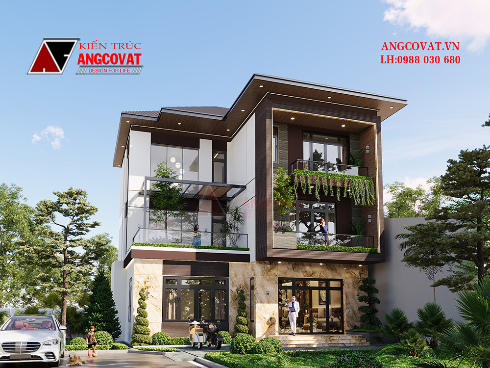 Thiết kế nhà 3 tầng phong cách hiện đại với hệ cửa kính tối ưu ánh sáng tự nhiên hiệu quả