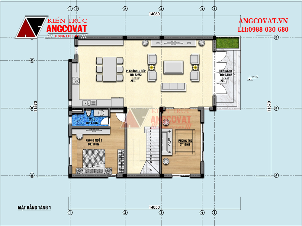 Mặt bằng công năng tầng 1 của thiết kế nhà 3 tầng hiện đại với phòng khách và bếp thông thoáng, rộng rãi, 1 phòng ngủ có vệ sinh khép kín thuận tiện và 1 phòng thờ yên tĩnh, phù hợp phong thủy