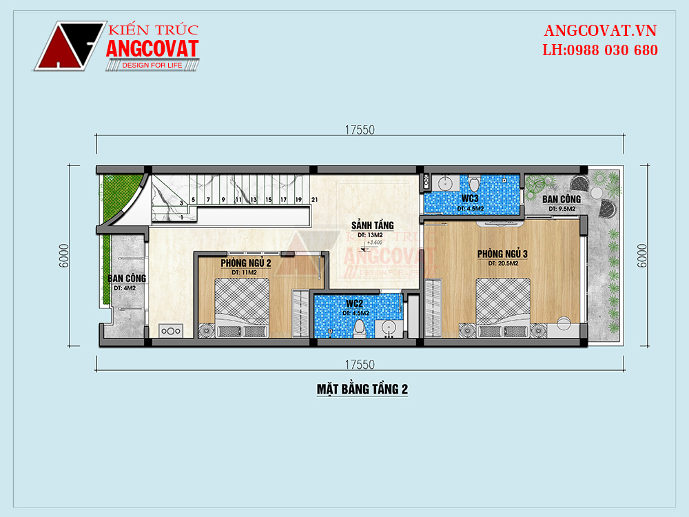 mặt bằng tầng 2 bản vẽ thiết kế nhà 2 tầng 6x17m 3 phòng ngủ 1 phòng khách