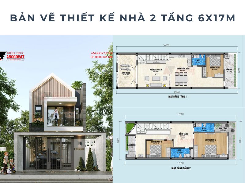 Trọn bộ bản vẽ thiết kế nhà 2 tầng 6x17m 3 phòng ngủ đẹp, tiện nghi