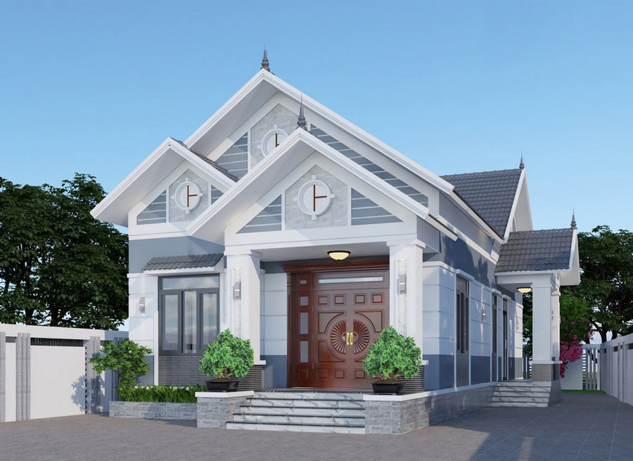 thiết kế nhà cấp 4 mái thái 2 sảnh diện tích 150m2 