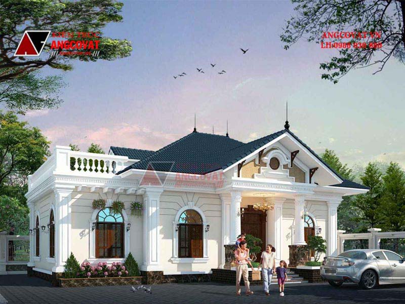 bản vẽ biệt thự vườn 1 tầng mái thái 150m2 tân cổ điển 