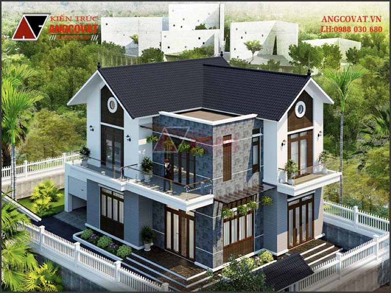 Lợp ngói màu đen cho mẫu thiết kế biệt thự 2 tầng tại Quảng Bình