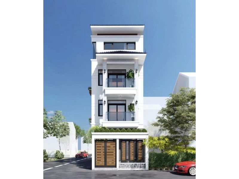 Thiết kế nhà phố 4 tầng sơn trắng đơn giản