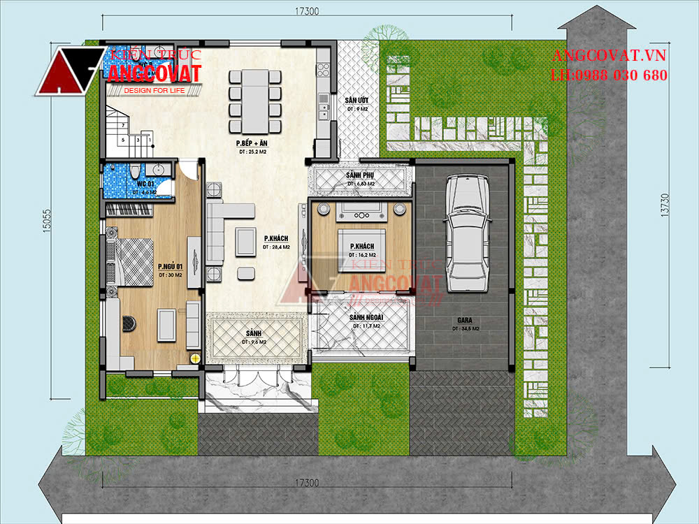 Quy hoạch mặt bằng nhà 1 tầng rưỡi 3 phòng ngủ diện tích 210m2 