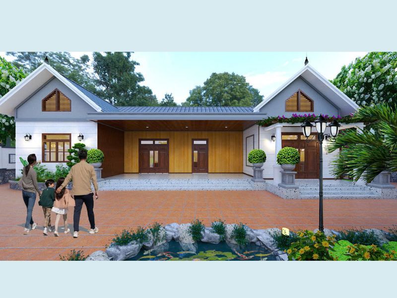 Mẫu nhà 5 gian chữ U kết hợp hài hòa vật liệu và gam màu phù hợp với mọi gia đình