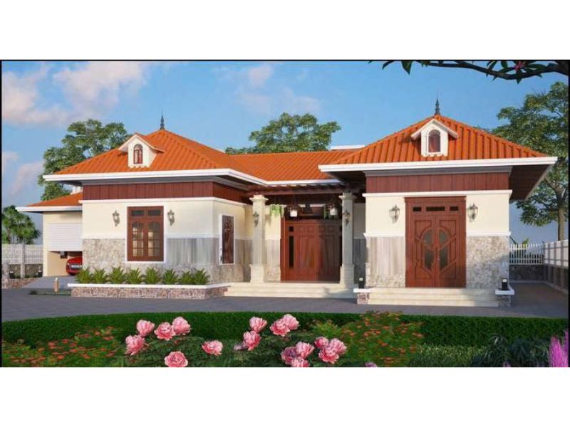 Thiết kế nhà 5 gian chữ U mái Thái đỏ tươi ấn tượng giúp thoát nước mưa nhanh chóng và chống nóng hiệu quả