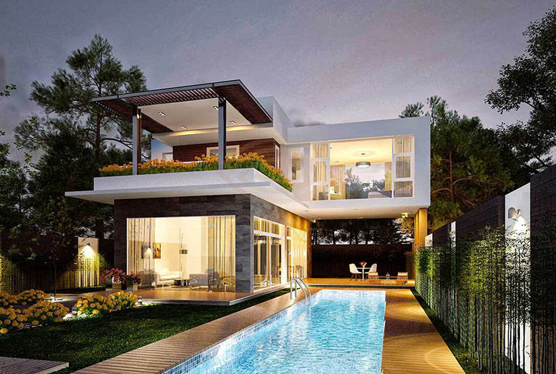 Bản vẽ nhà 2 tầng có hồ bơi bên ngoài hiện đại 