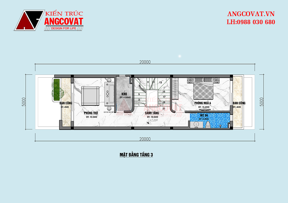 mặt bằng nhà 80m2 3 phòng ngủ 1 phòng thờ xây trên đất rộng 5x20m