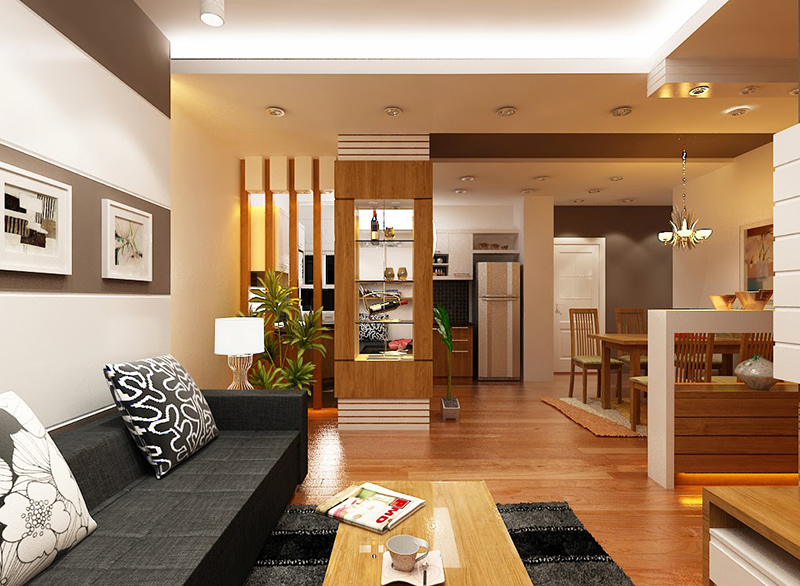thiết kế phòng khách kết hợp bếp cho nhà nhỏ 2 tầng