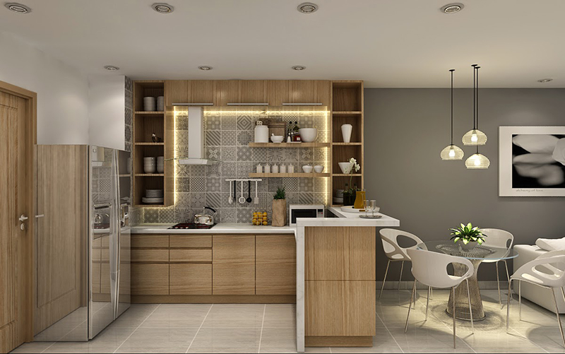 không gian mở thiết kế phòng khách và bếp liên thông nhau 