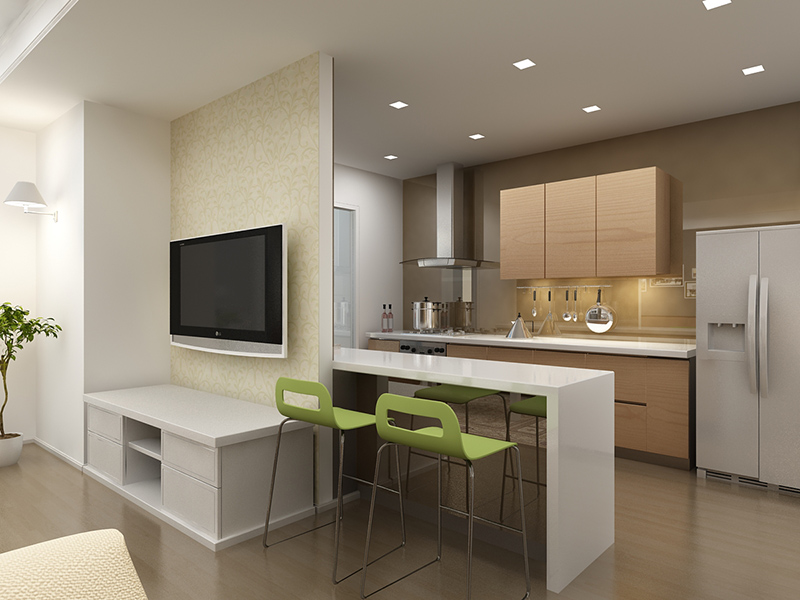 không gian ngôi nhà thiết kế phòng khách và bếp liên thông nhau 