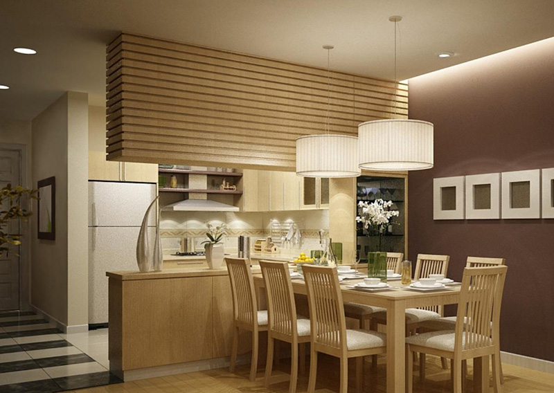 Thiết kế phòng khách và bếp liên thông thoáng sử dụng màu sắc nhã nhặn