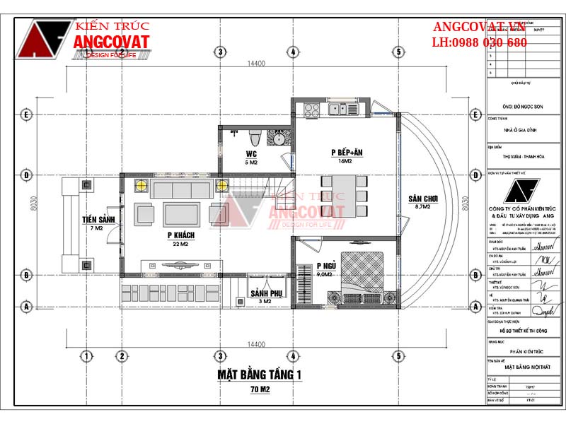 Mặt bằng nội thất tầng 1 mẫu nhà cấp 4 có gác lửng 3 phòng ngủ diện tích 70m2