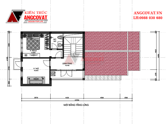 Mặt bằng tầng lửng mẫu nhà cấp 4 có gác lửng 3 phòng ngủ kích thước 7x15m