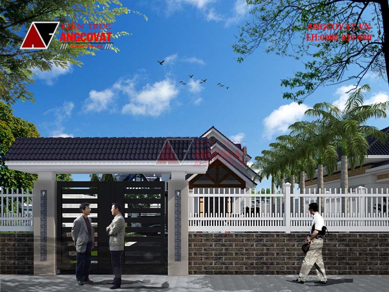 Phối cảnh view 3: Thiết kế cổng hàng rào mẫu nhà cấp 4 có gác lửng 3 phòng ngủ diện tích 120m2
