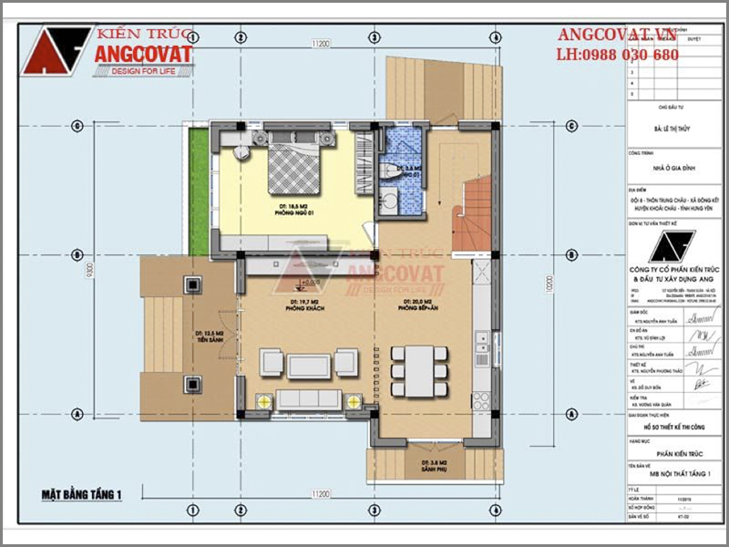 Mặt bằng tầng 1: Thiết kế kiến trúc nhà biệt thự mini 2 tầng 90m2 4 phòng ngủ