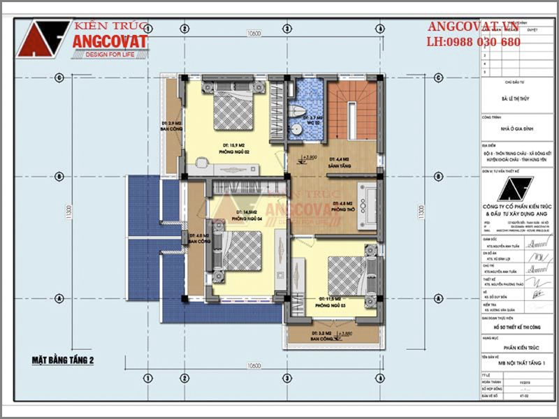 Mặt bằng tầng 2: Thiết kế kiến trúc nhà biệt thự mini 2 tầng 90m2 4 phòng ngủ