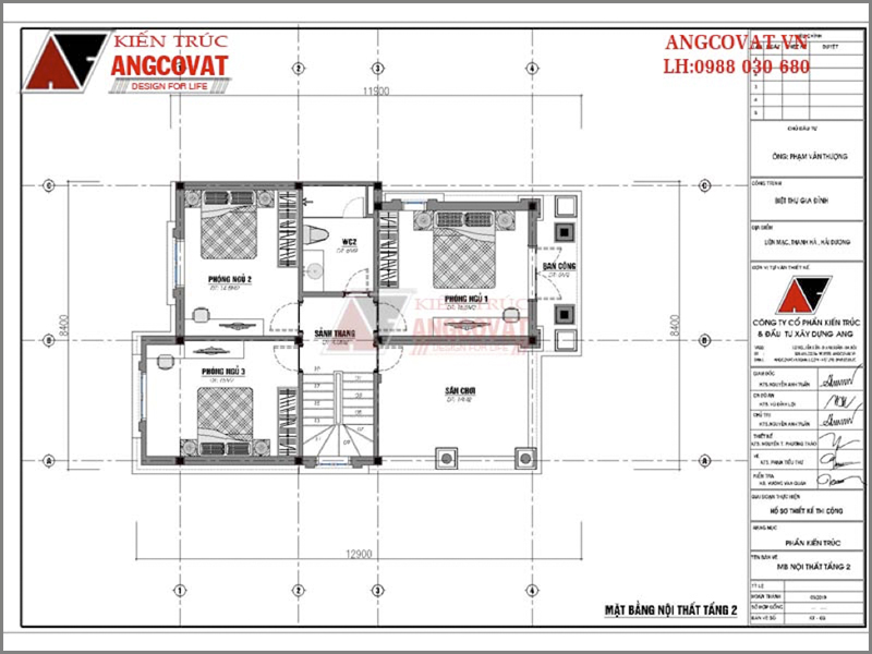 Mặt bằng tầng 2: Thiết kế kiến trúc nhà biệt thự mini 2 tầng 3 phòng ngủ tân cổ điển