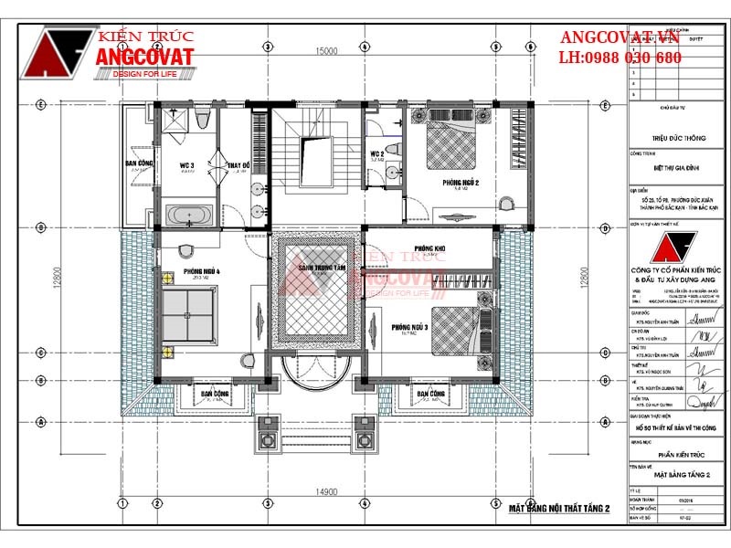Chi phí xây biệt thự tân cổ điển kích thước 12x15m 5 phòng ngủ – mặt bằng tầng 2