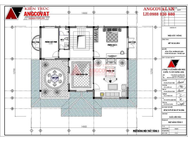 Chi phí xây biệt thự tân cổ điển kích thước 12x15m 5 phòng ngủ – mặt bằng tầng 3