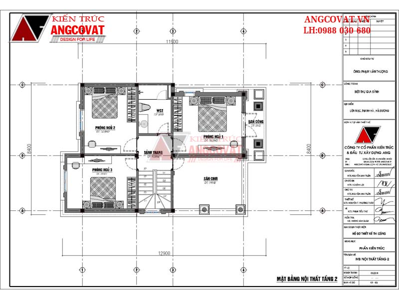 Chi phí xây biệt thự tân cổ điển 2 tầng 3 phòng ngủ – mặt bằng tầng 2
