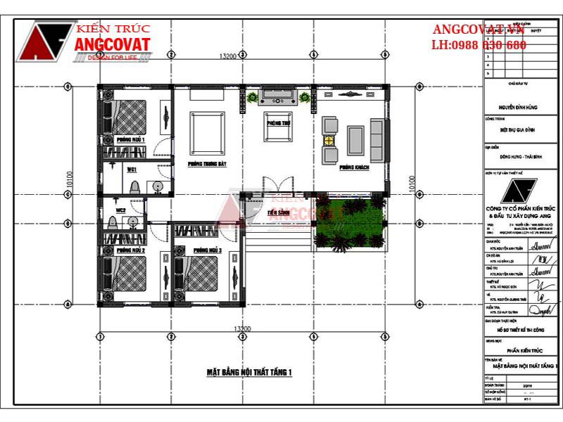 Mặt bằng công năng sử dụng: thiết kế nhà chữ L 1 tầng 3 phòng ngủ diện tích 100m2