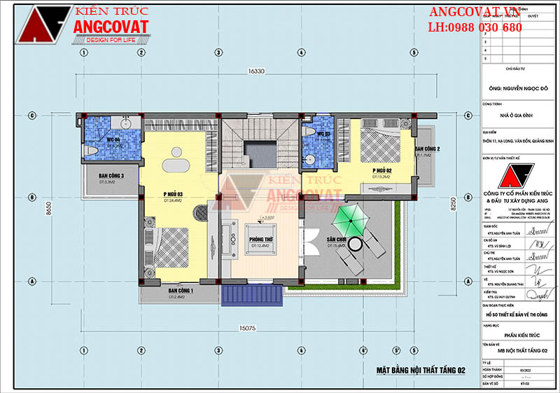 Mặt bằng tầng 2 mẫu nhà 2 tầng 8x16m bao gồm các phòng chức năng như sau:  Phòng thờ 12m2, Phòng ngủ 2: 13.2m2, WC 3: 3m2, Phòng ngủ 3: 24m2, WC4: 4m2, Ban công 3.3m2, Sân chơi: 15,4m2