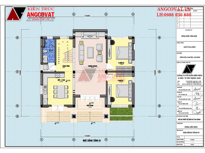 Bản vẽ chi tiết và cụ thể mặt bằng công năng sử dụng biệt thự 2 tầng 150m2: sảnh chính 7m2; phòng khách 30m2; phòng ngủ 1: 12,8m2; phòng ngủ 2: 12,8m2, wc1: 4,5m2; phòng bếp + ăn 15m2; sảnh tầng 5m2