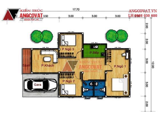 Mẫu nhà 1 tầng 3 phòng ngủ mái thái 8x14m 2