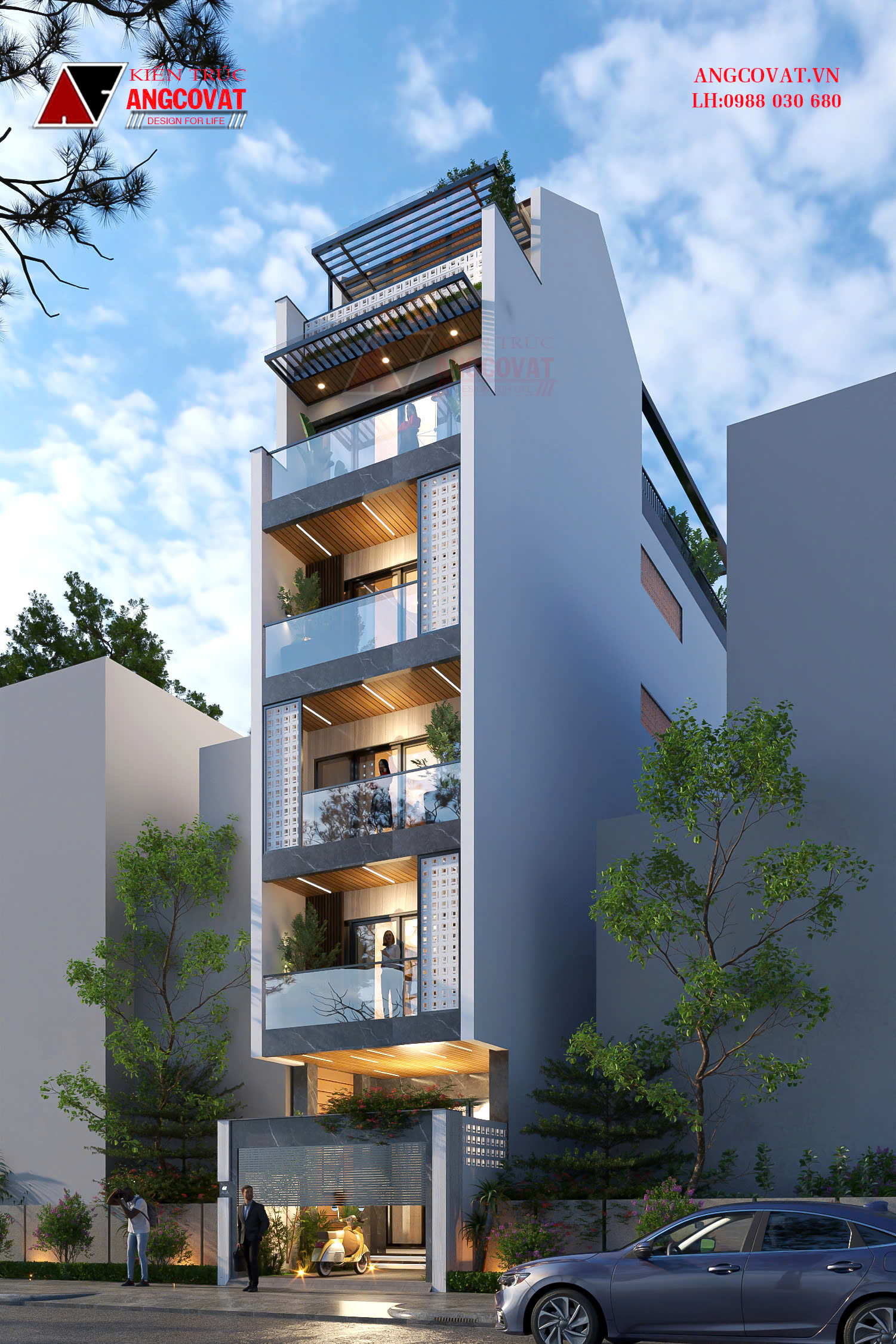 Thiết kế nhà phố 100m2 6 tầng hiện đại