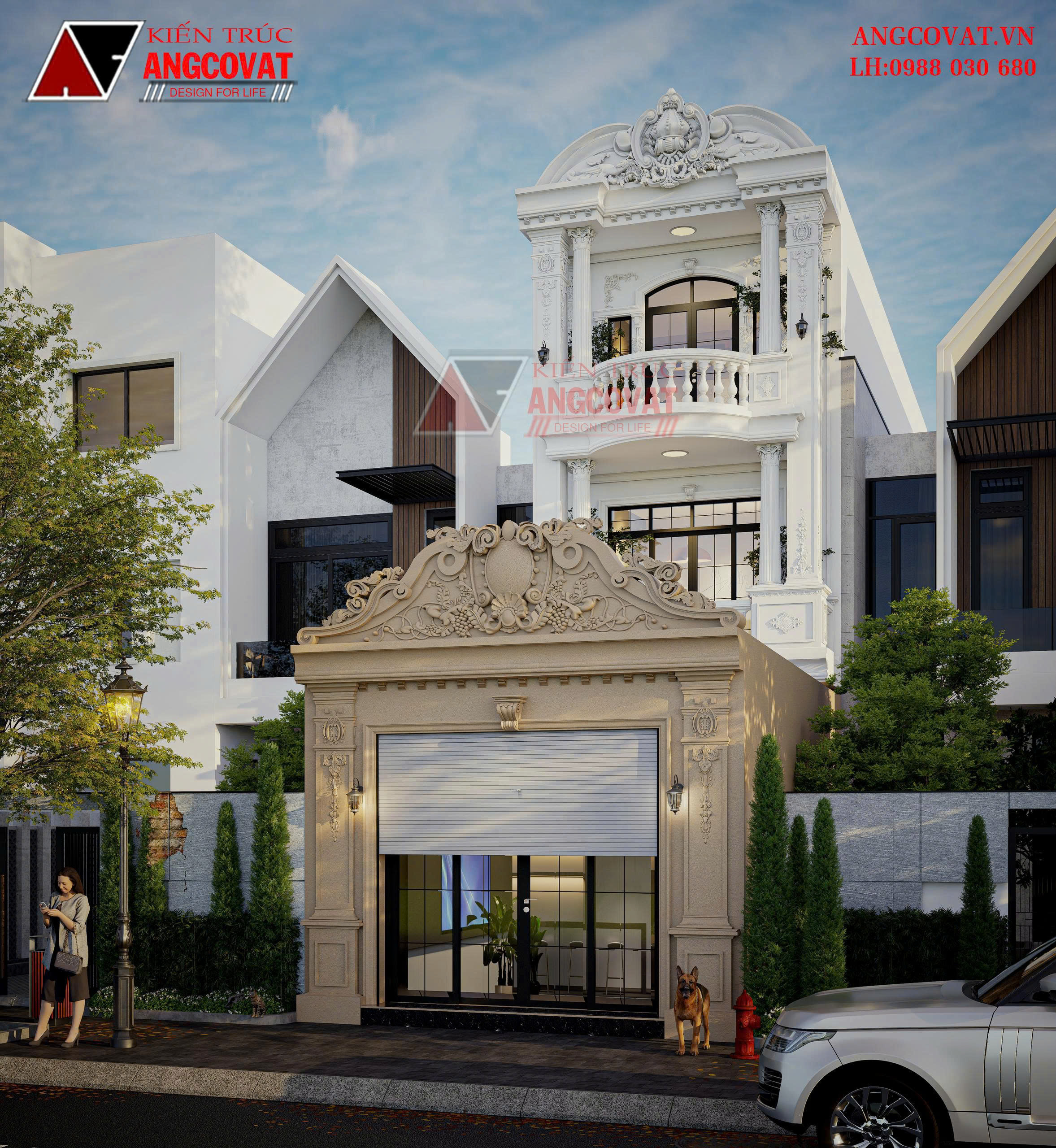 Chi tiết hoa văn tinh xảo, phào chỉ thanh thoát mang đến vẻ đẹp sang trọng và thanh lịch cho mẫu nhà mặt tiền 4.8m tân cổ điển