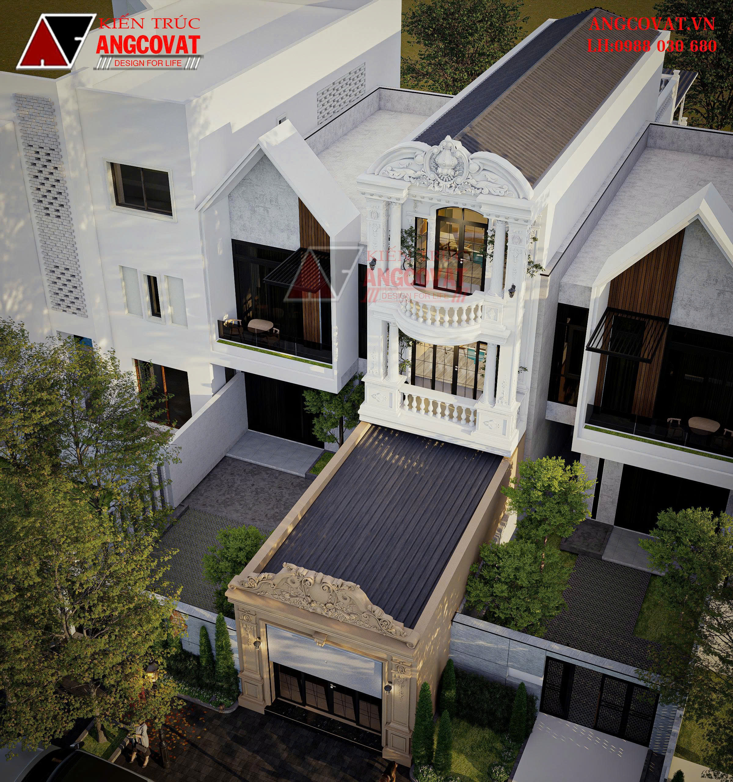 Bản vẽ nhà mặt tiền 4.8m tân cổ điển sử dụng gam màu trắng nhã nhặn, nổi bật