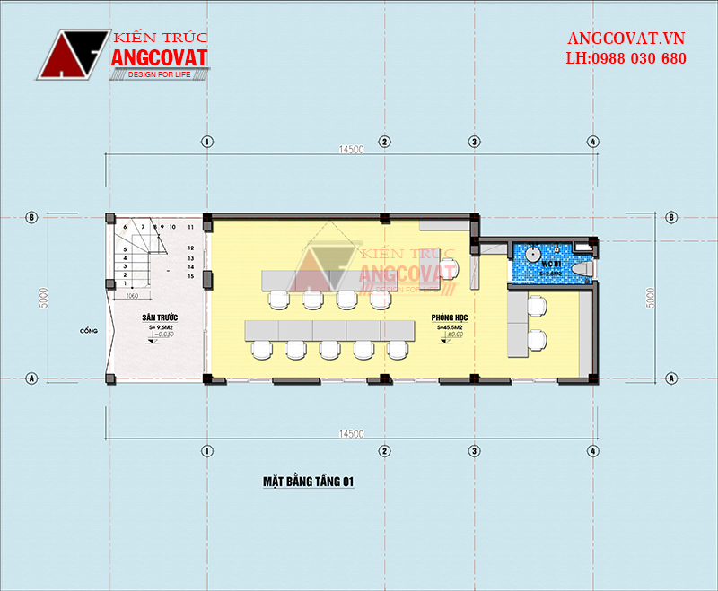 thiết kế mặt bằng mẫu nhà ống rộng 5m dài 14m 3 phòng ngủ và 1 phòng dạy học