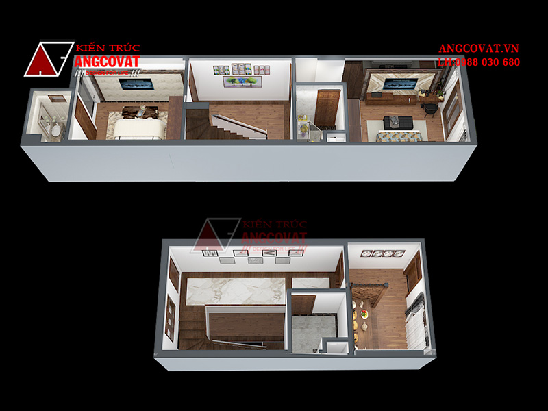 hình ảnh 3D nội thất nhà 4 tầng 70m2 hiện đại