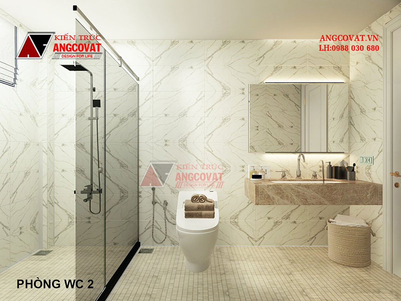 phối cảnh nhà tắm kết hợp vệ sinh trong thiết kế nội thất biệt thự hiện đại siêu sang