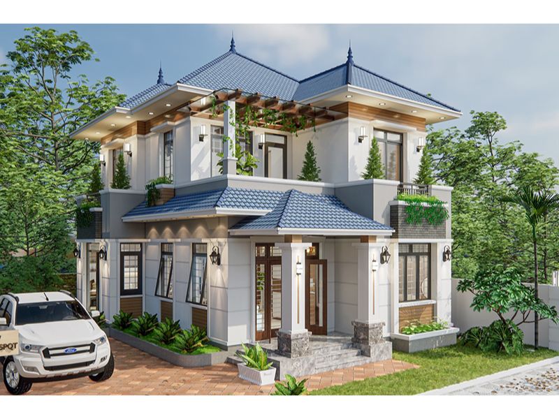 Mẫu nhà 2 tầng tân cổ điển mái Nhật có sân vườn rộng 