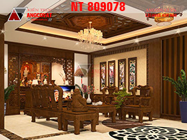 Giới thiệu thiết kế nội thất phòng khách kết hợp phòng thờ bằng gỗ tự nhiên NT809078