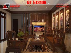 Thiết kế nội thất phòng khách, thờ nhà 2 tầng bằng gỗ tự nhiên NT513106