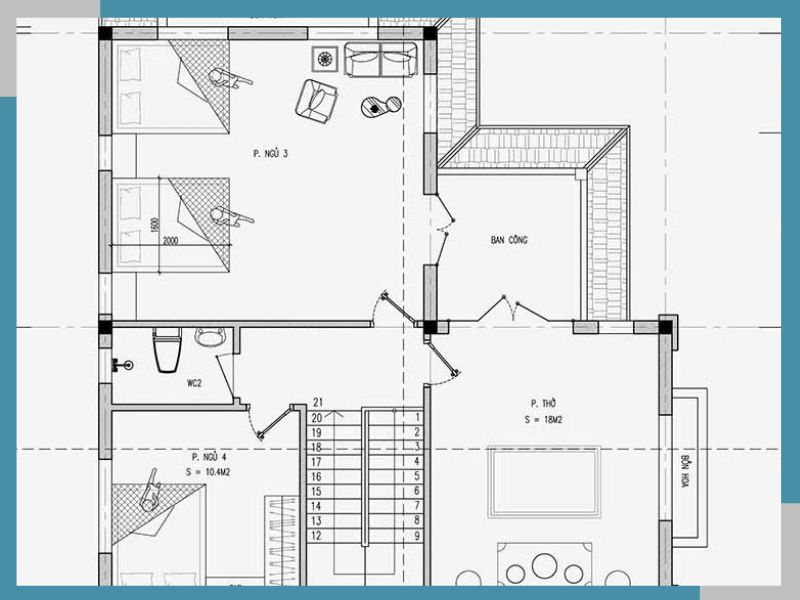 Mặt bằng công năng sử dụng tầng 1 nhà 2 tầng chữ L 120m2 3 phòng ngủ  Bản vẽ mặt bằng mẫu nhà 2 tầng chữ L đơn giản mái bằng: Tầng lầu gồm Phòng thờ: 10m2, phòng ngủ 2: 14.7m2, phòng ngủ 3: 9.8m2, ban công: 14.3m2.