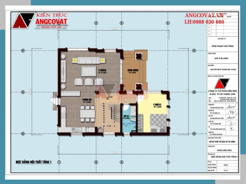 Mặt bằng công năng tầng 1 của mẫu nhà chữ L 2 tầng 3 phòng ngủ bao gồm các phòng chức năng như sau: Sảnh chính 8.4m2, Phòng khách 27.6m2, Phòng bếp ăn: 18m2, Phòng ngủ 1: 13.5m2, Wc1: 4.3m2.