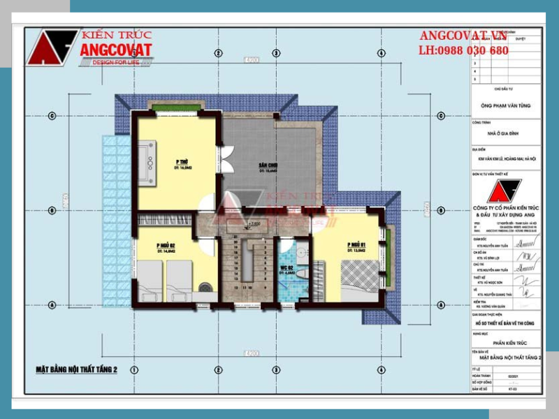 Mặt bằng công năng tầng 2 của mẫu nhà 2 tầng 3 phòng ngủ bao gồm các phòng chức năng như sau: Sân chơi 15.6m2; Phòng ngủ 2: 13.5m2; WC2: 4.6m2, Phòng ngủ 3: 14.8m2, Phòng thờ: 16m2.